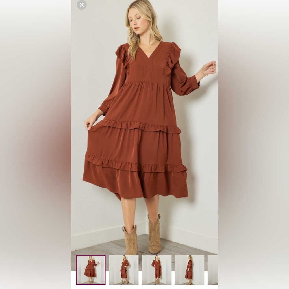 Rust Cottagecore Tiered Fall Midi Dress Pockets Women S Entro Ruffle